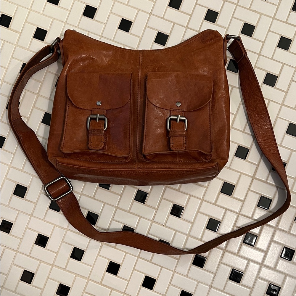 Spikes & Sparrow Brown Leather Crossbody Bag with Front Buckle Pockets